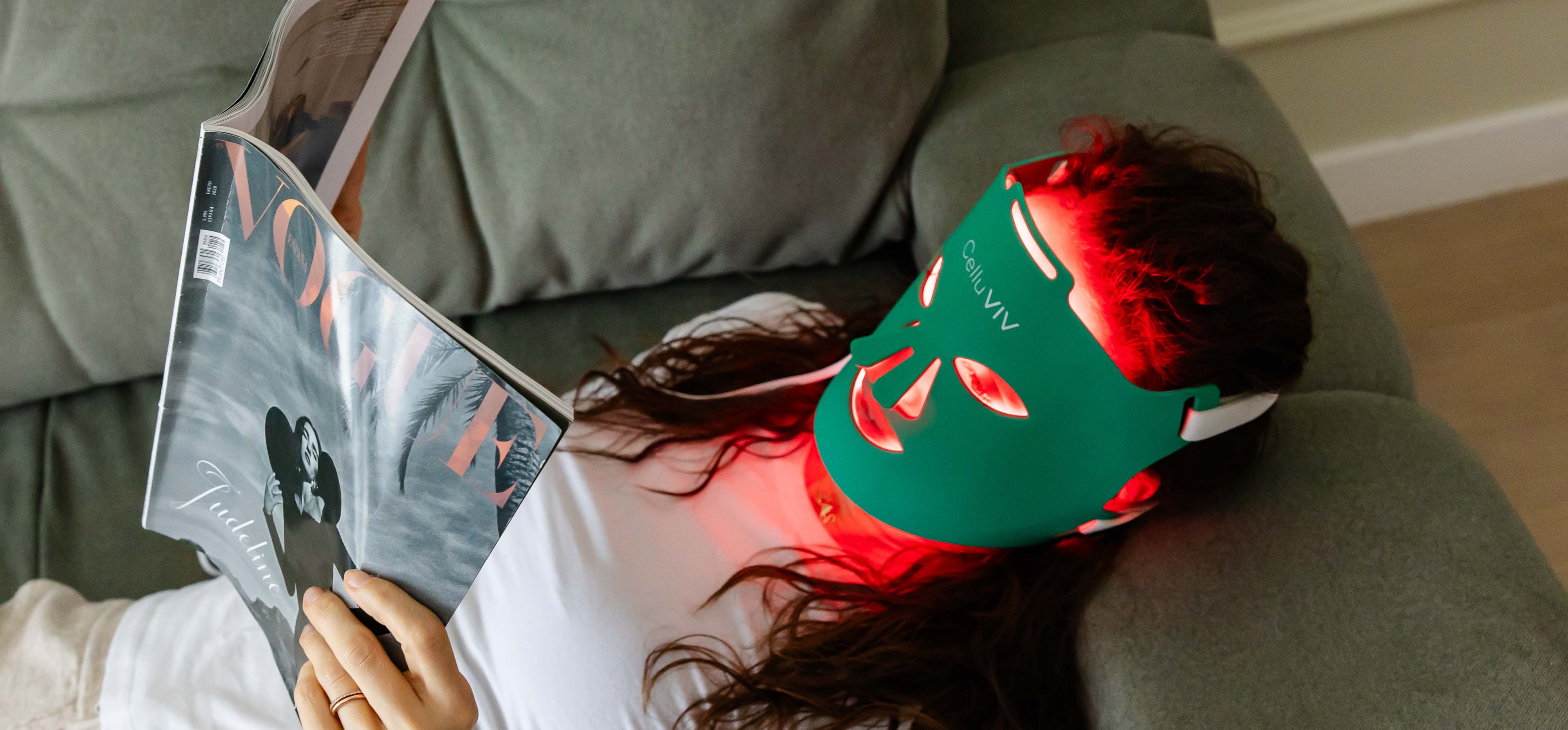 LED face mask used at home during skincare ritual for radiant and rejuvenated skin