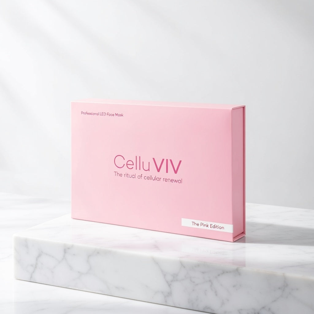 Pink 'CelluVIV' product box on a marble surface with a white background