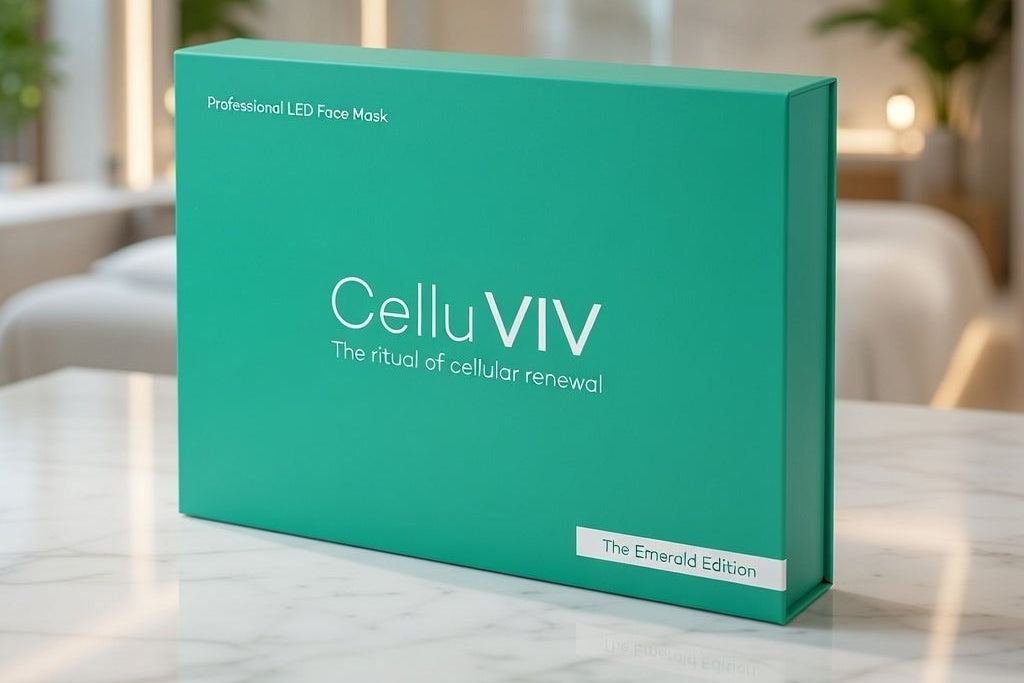 Green box labeled 'CelluVIV' on a marble surface with a blurred indoor background
