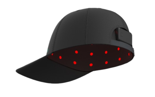 Black cap with red LED lights on a white background
